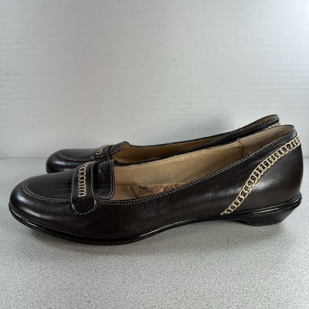Sofft Dark Brown Leather Loafers with Gold Chain Accent